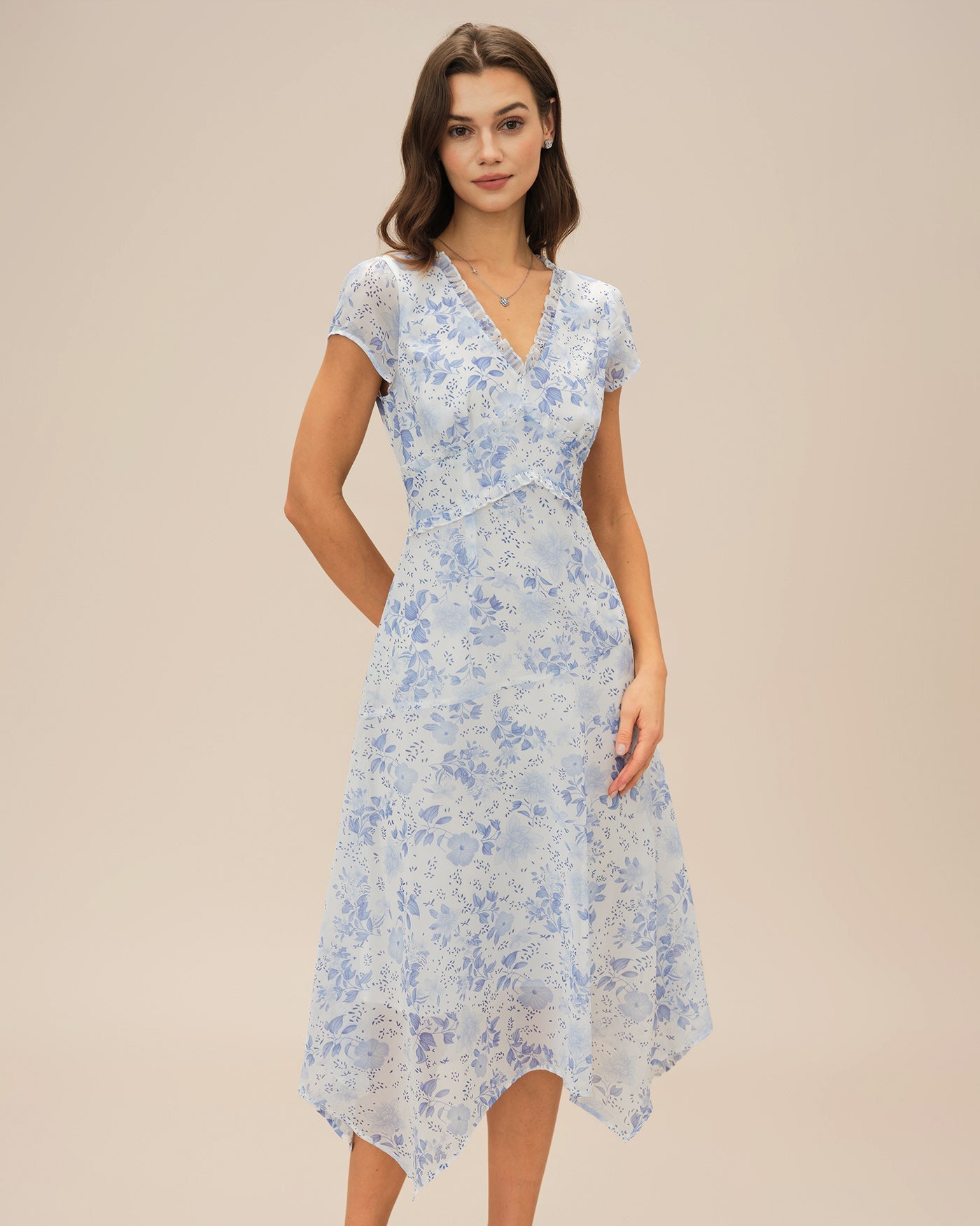 Blaues geblümtes V-Ausschnitt Midi-Kleid