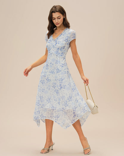 Blaues geblümtes V-Ausschnitt Midi-Kleid