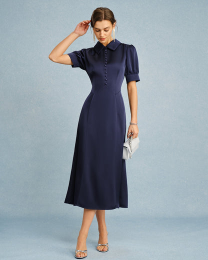 Marineblaues Satin-Midikleid mit Puffärmeln und Kragen