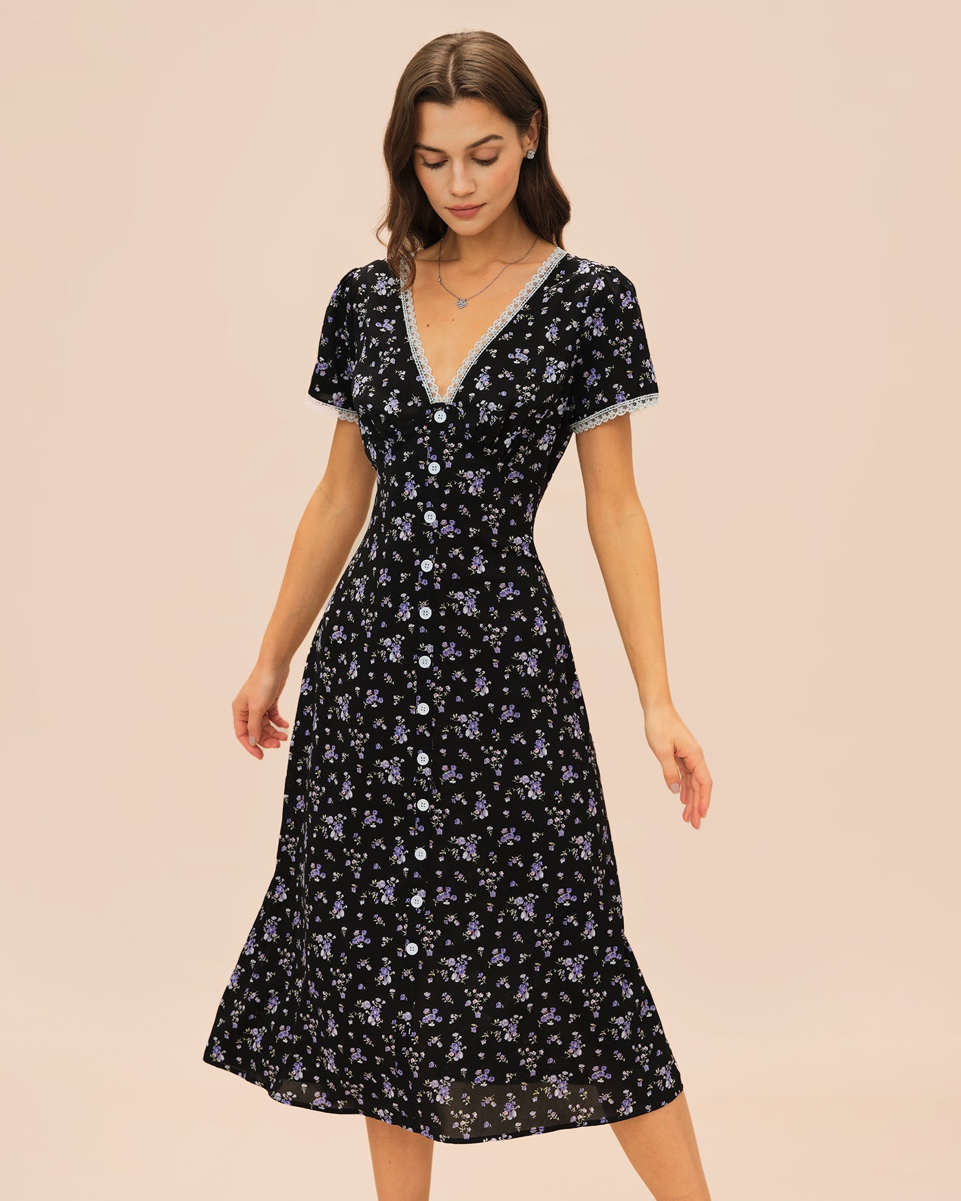 Schwarzes V-Ausschnitt Spitzen-Midikleid mit Blumenmuster