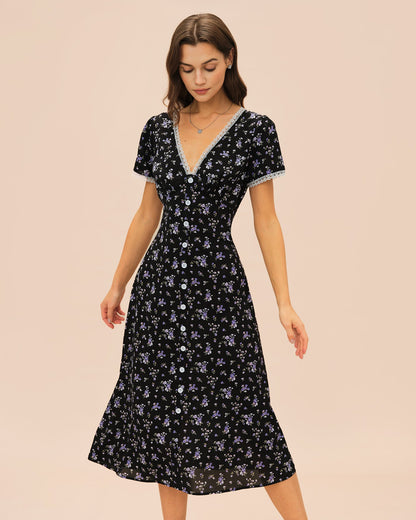Schwarzes V-Ausschnitt Spitzen-Midikleid mit Blumenmuster