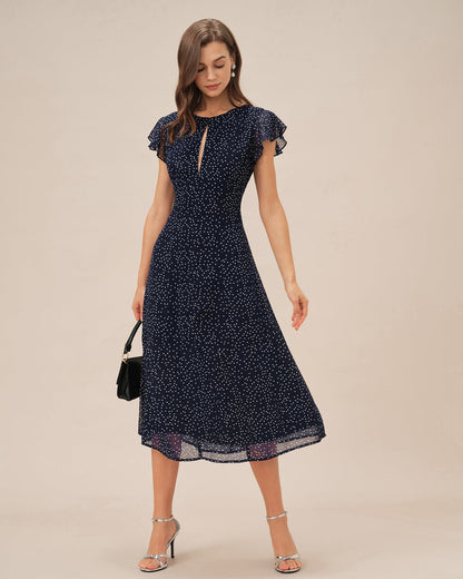 Blaues gepunktetes Midikleid