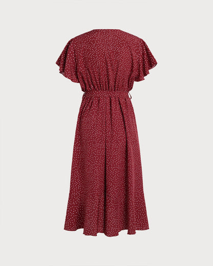 Red Butterfly Sleeve Polka Dot Midi Dress