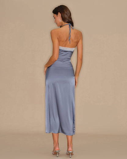 Blaues Neckholder-Slip-Midikleid