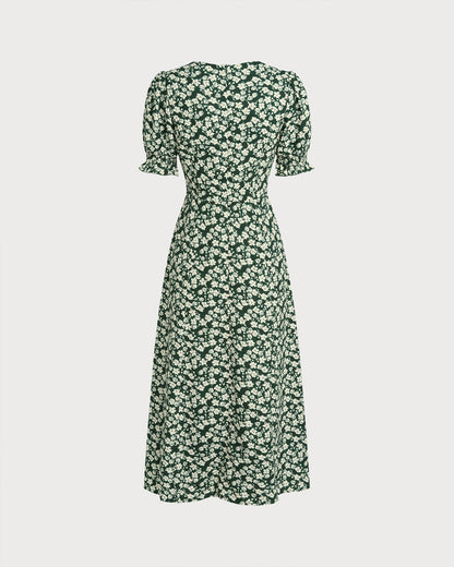 Grünes Blumen-Midi-Kleid mit V-Ausschnitt