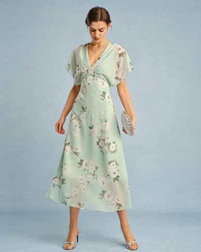 Grünes geblümtes Chiffon-Midikleid mit V-Ausschnitt
