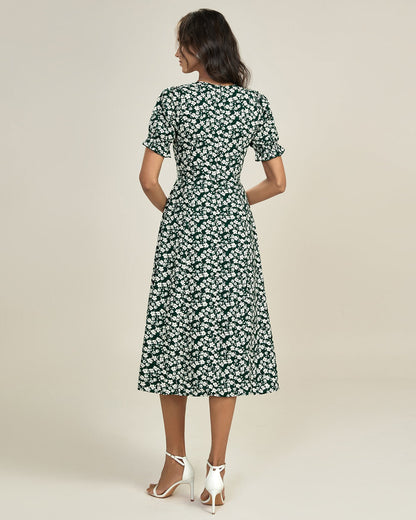 Grünes Blumen-Midi-Kleid mit V-Ausschnitt