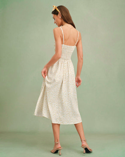Gelbes geblümtes Slip-Midikleid mit Herzausschnitt