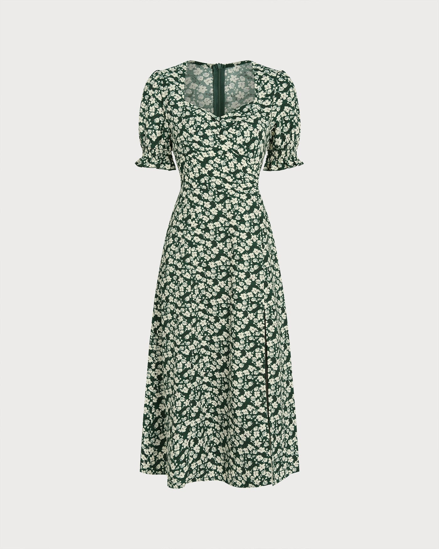 Grünes Blumen-Midi-Kleid mit V-Ausschnitt