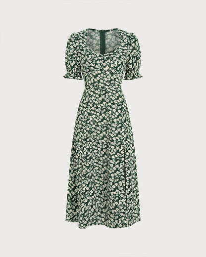 Grünes Blumen-Midi-Kleid mit V-Ausschnitt