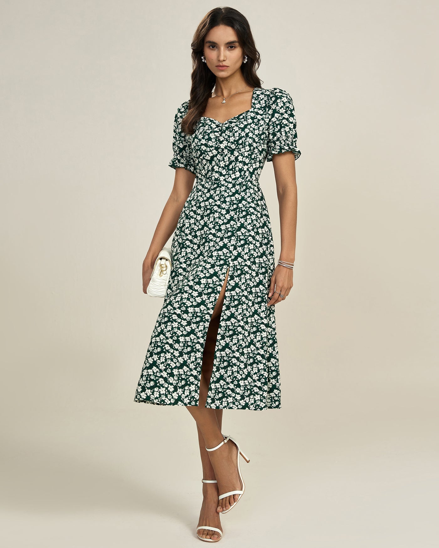 Grünes Blumen-Midi-Kleid mit V-Ausschnitt