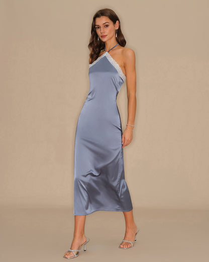 Blaues Neckholder-Slip-Midikleid