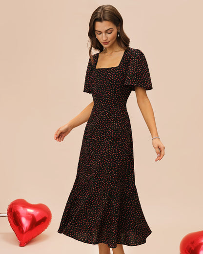 Schwarzes Midi-Kleid mit eckigem Ausschnitt, Schmetterlingsärmeln und Blumenmuster