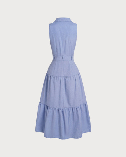 Blaues V-Ausschnitt Knopfleisten Midi-Kleid
