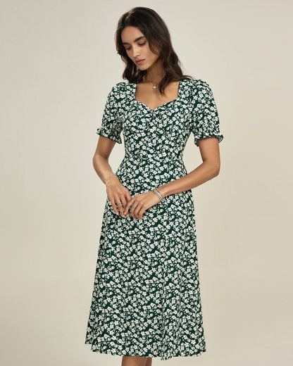 Grünes Blumen-Midi-Kleid mit V-Ausschnitt