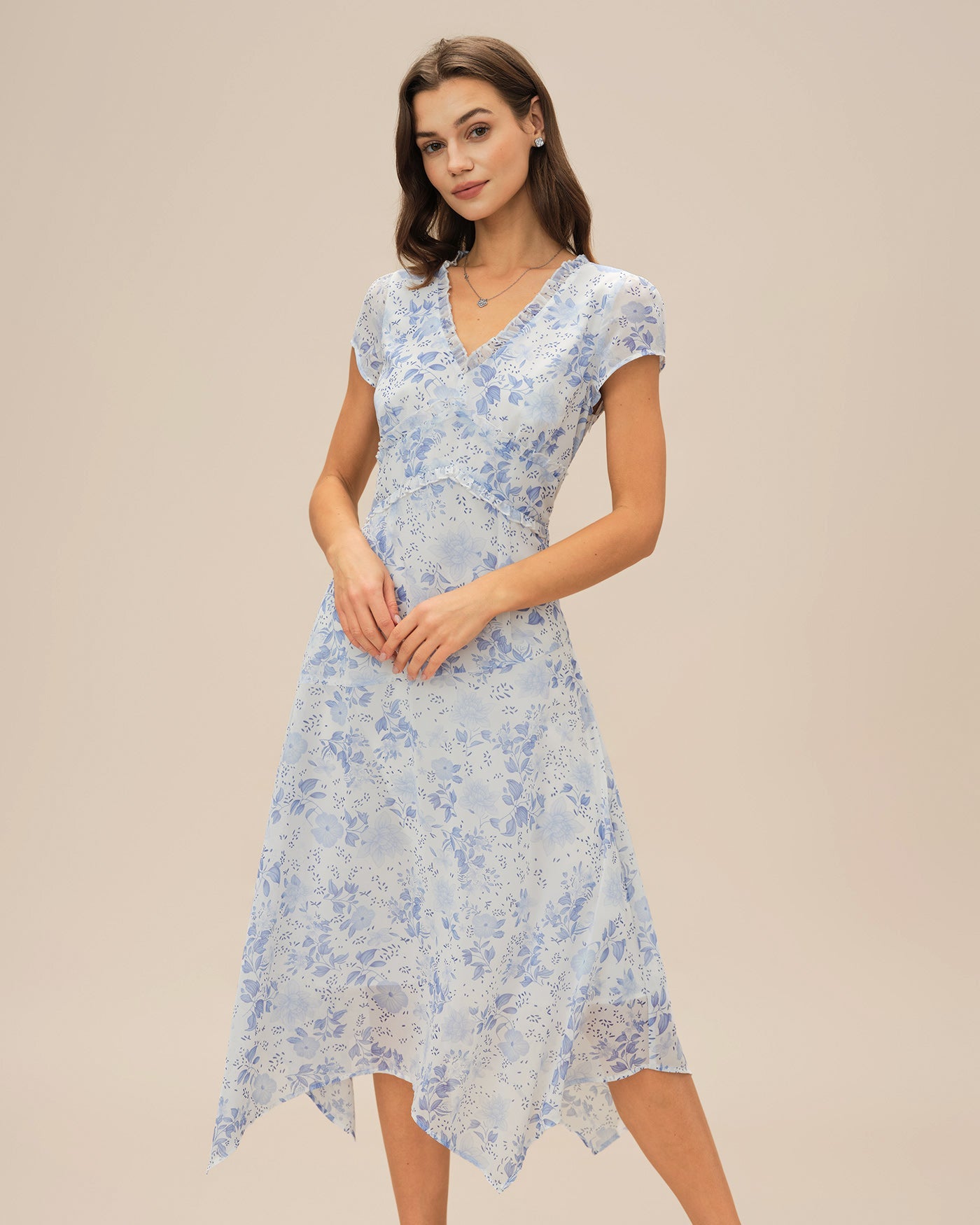 Blaues geblümtes V-Ausschnitt Midi-Kleid
