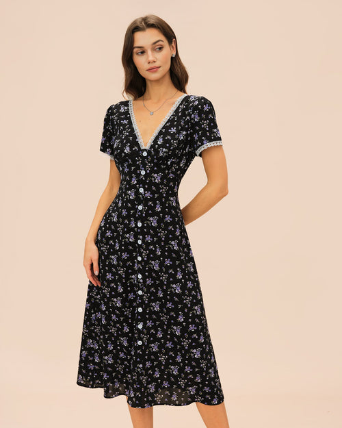 Schwarzes V-Ausschnitt Spitzen-Midikleid mit Blumenmuster