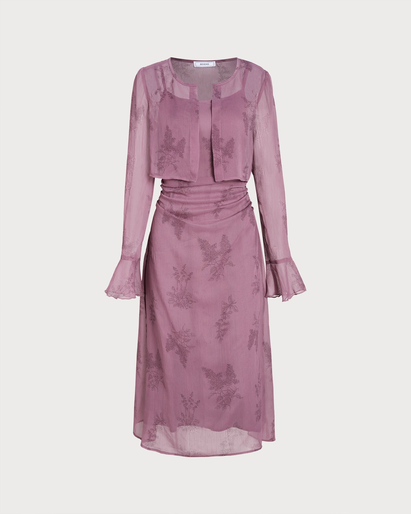 Lila geblümtes gerafftes Slip-Midikleid