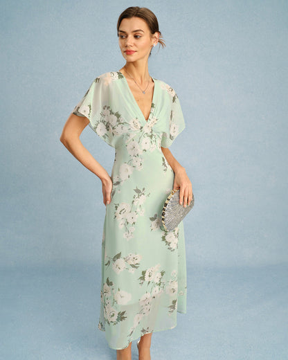 Grünes geblümtes Chiffon-Midikleid mit V-Ausschnitt