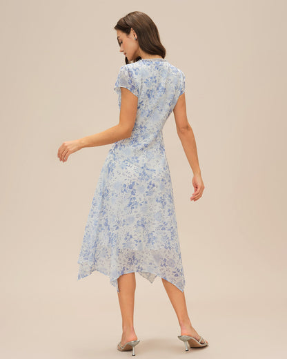 Blaues geblümtes V-Ausschnitt Midi-Kleid