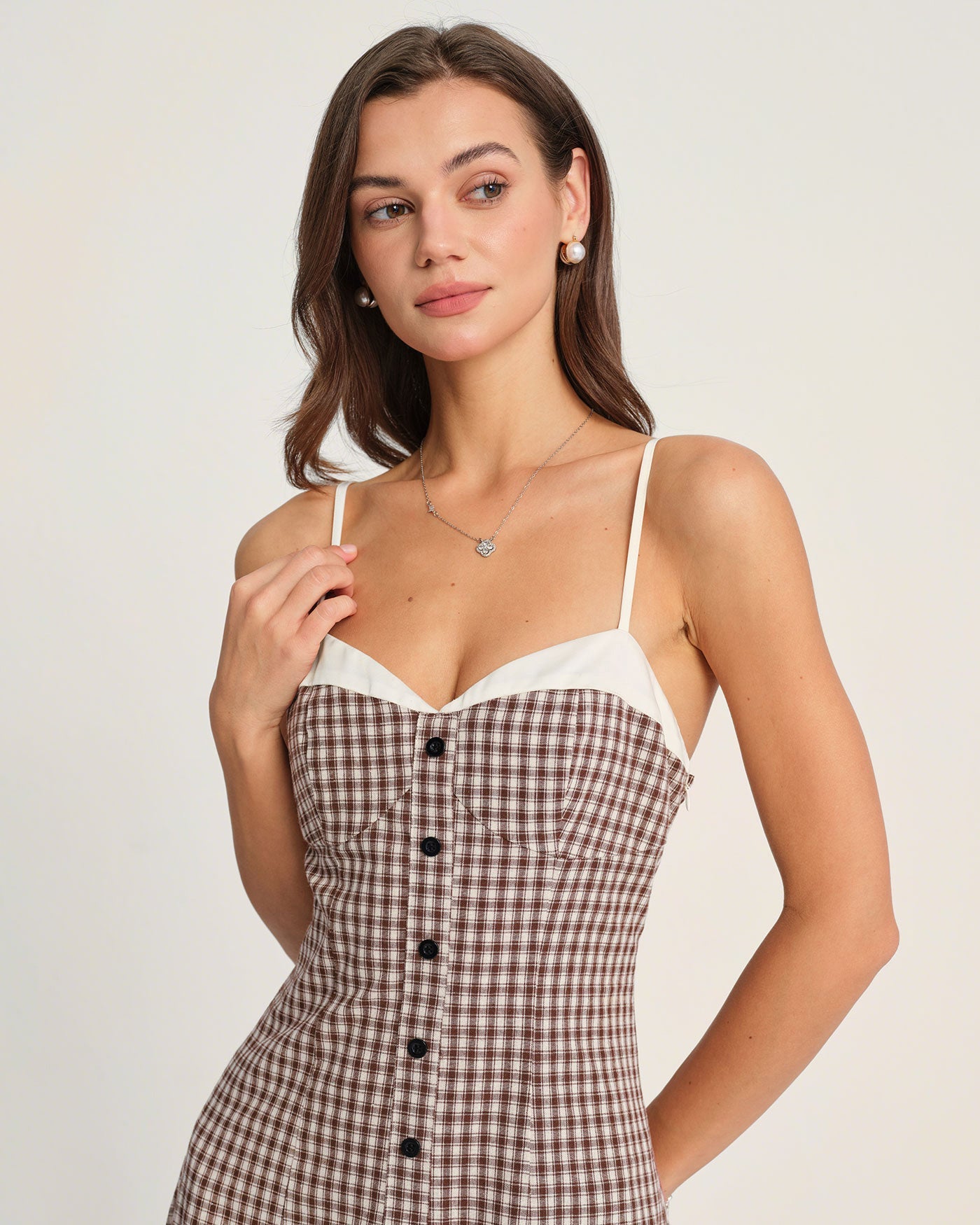 Kaffee kariertes Slip Midi-Kleid