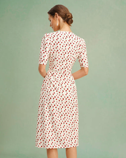 Aprikosenfarbenes Blumen-Midikleid mit V-Ausschnitt