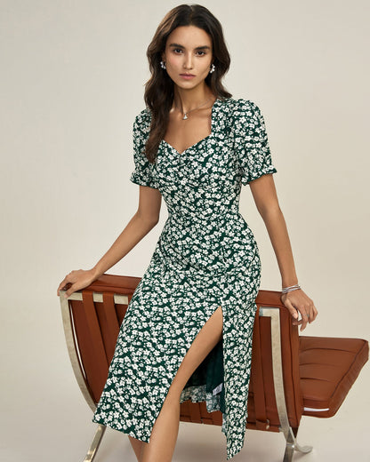 Grünes Blumen-Midi-Kleid mit V-Ausschnitt