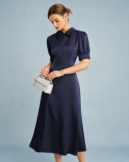 Marineblaues Satin-Midikleid mit Puffärmeln und Kragen