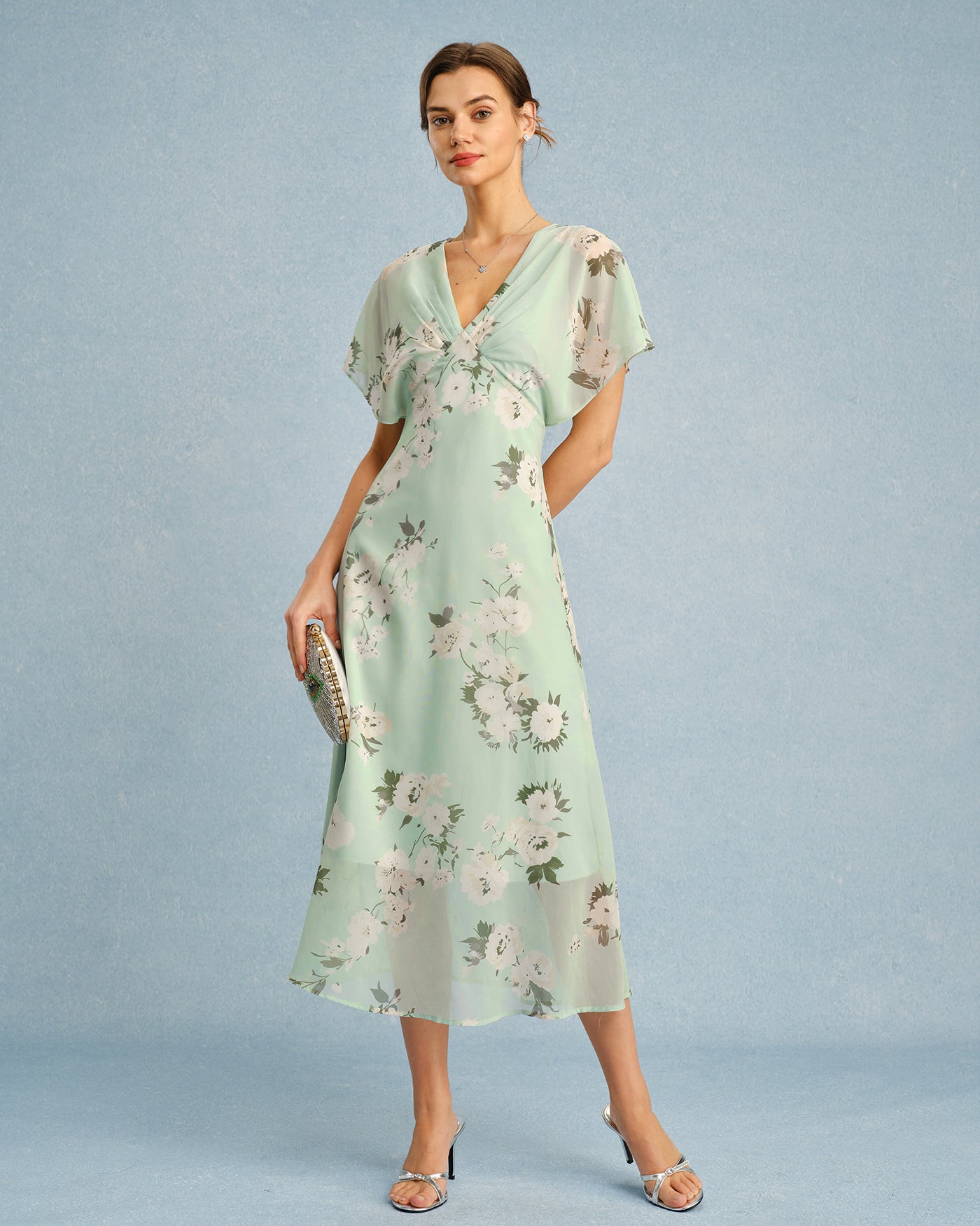Grünes geblümtes Chiffon-Midikleid mit V-Ausschnitt