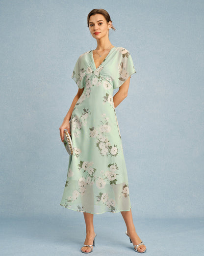 Grünes geblümtes Chiffon-Midikleid mit V-Ausschnitt