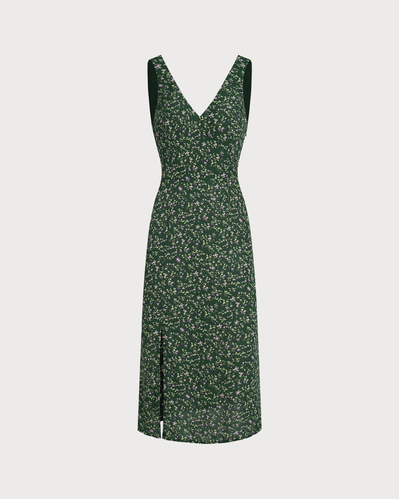 Grünes geblümtes Midikleid mit V-Ausschnitt