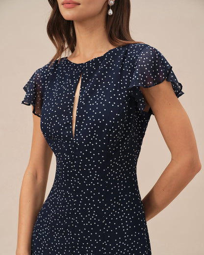 Blaues gepunktetes Midikleid