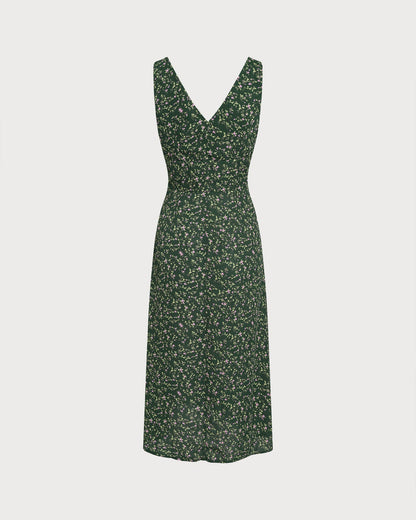 Grünes geblümtes Midikleid mit V-Ausschnitt