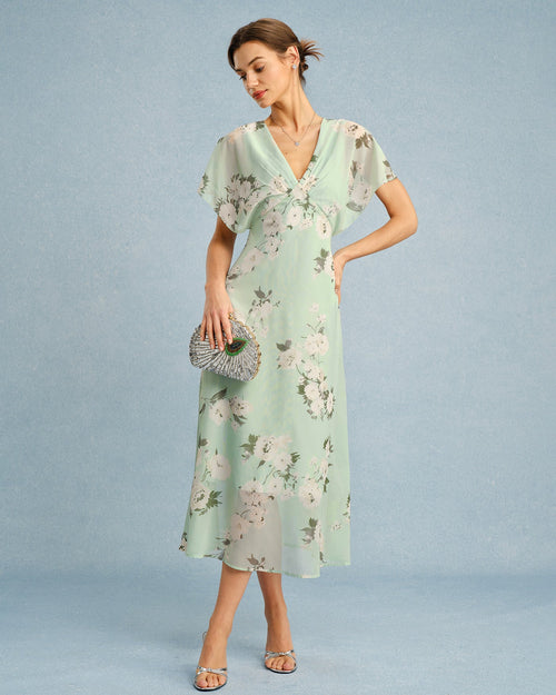 Grünes geblümtes Chiffon-Midikleid mit V-Ausschnitt
