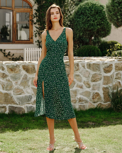 Grünes geblümtes Midikleid mit V-Ausschnitt