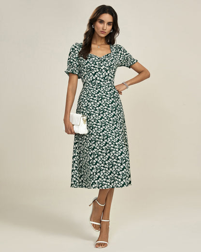 Grünes Blumen-Midi-Kleid mit V-Ausschnitt