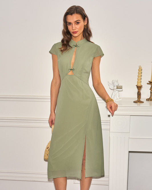 Grünes Midi-Chiffonkleid mit Mandarin-Kragen