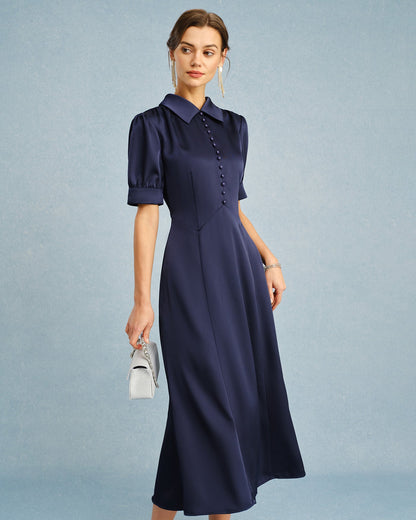 Marineblaues Satin-Midikleid mit Puffärmeln und Kragen