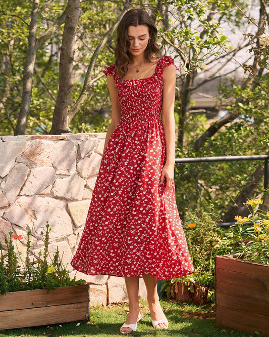 Rotes Neckholder-Midi-Kleid mit Blumenmuster