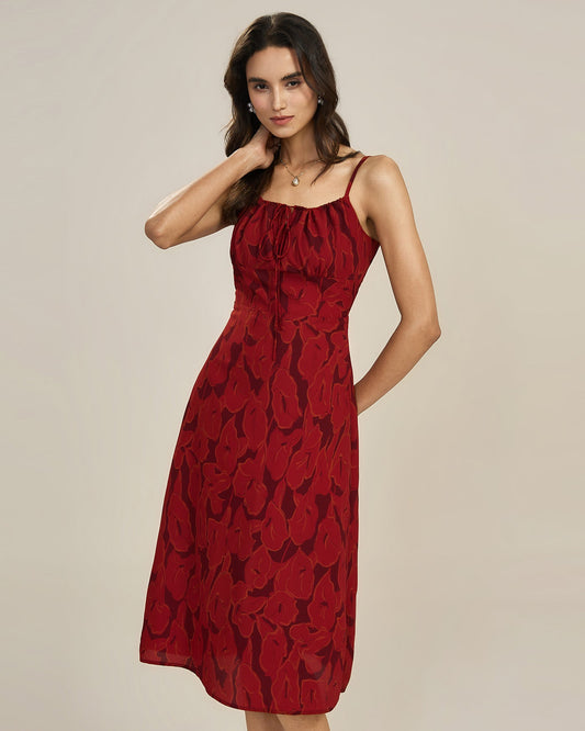 Rotes geblümtes Slip-Midi-Kleid mit Raffung