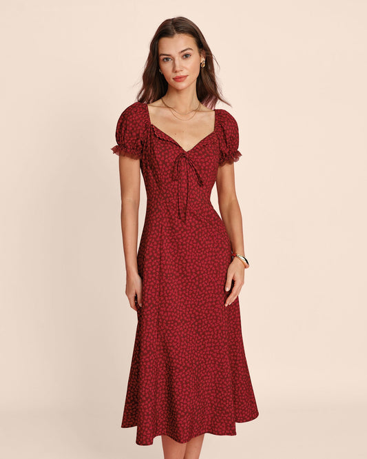 Rotes Midikleid mit Blumenspitze und V-Ausschnitt