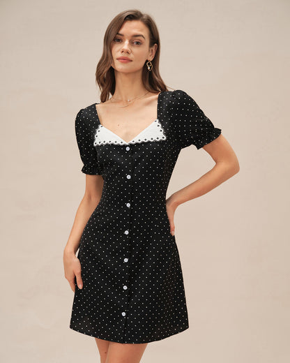 Schwarzes gepunktetes Mini-Kleid mit V-Ausschnitt