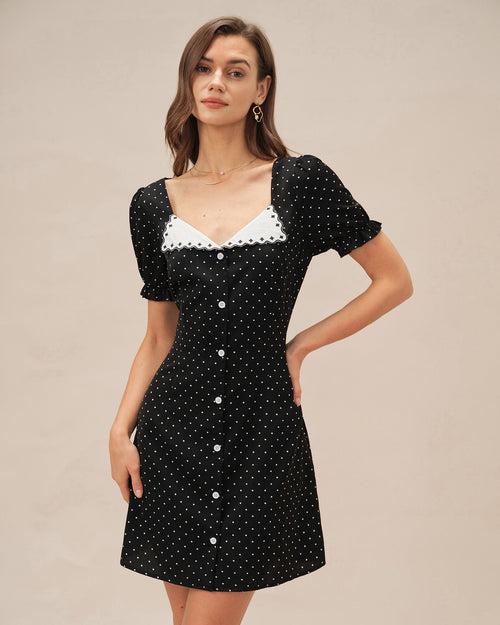 Schwarzes gepunktetes Mini-Kleid mit V-Ausschnitt