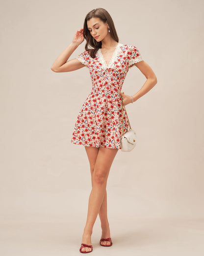 Rotes Mini-Trägerkleid mit Blumenspitze und V-Ausschnitt