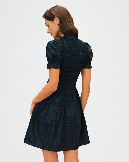 Green Plaid Puffed Sleeve Mini Dress