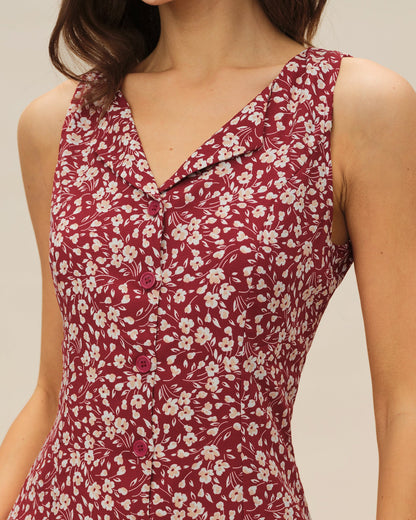 Rotes, geblümtes Mini-Kleid mit V-Ausschnitt