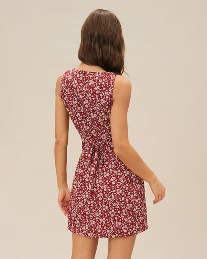 Rotes, geblümtes Mini-Kleid mit V-Ausschnitt