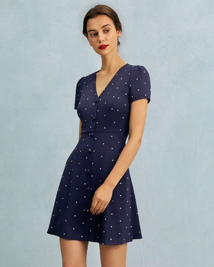 Blaues Mini-Kleid mit V-Ausschnitt, gepunktet und geknöpft