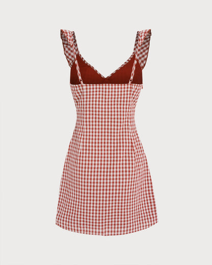 Red V Neck Plaid Slip Mini Dress
