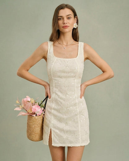 Beiges Pailletten-Minikleid mit Blumenmuster
